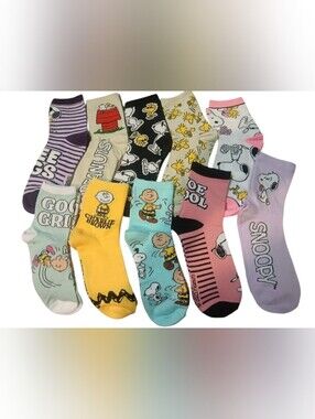Peanuts - 10 PK Peanuts Shortie Crew Socks, Fits Ladies Size 4-10, Multi Colored